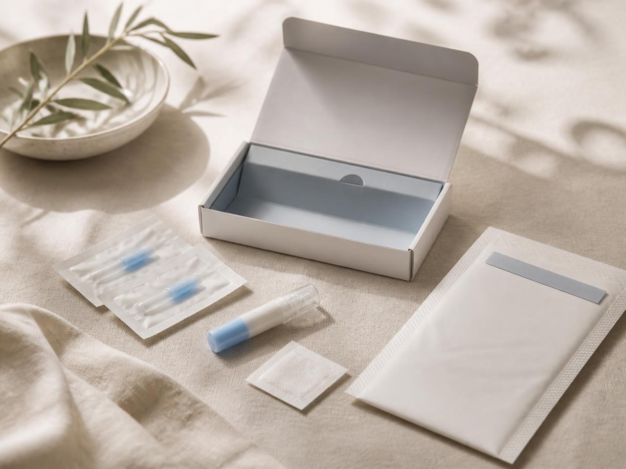 An at-home collection kit laid out with prepaid return packaging