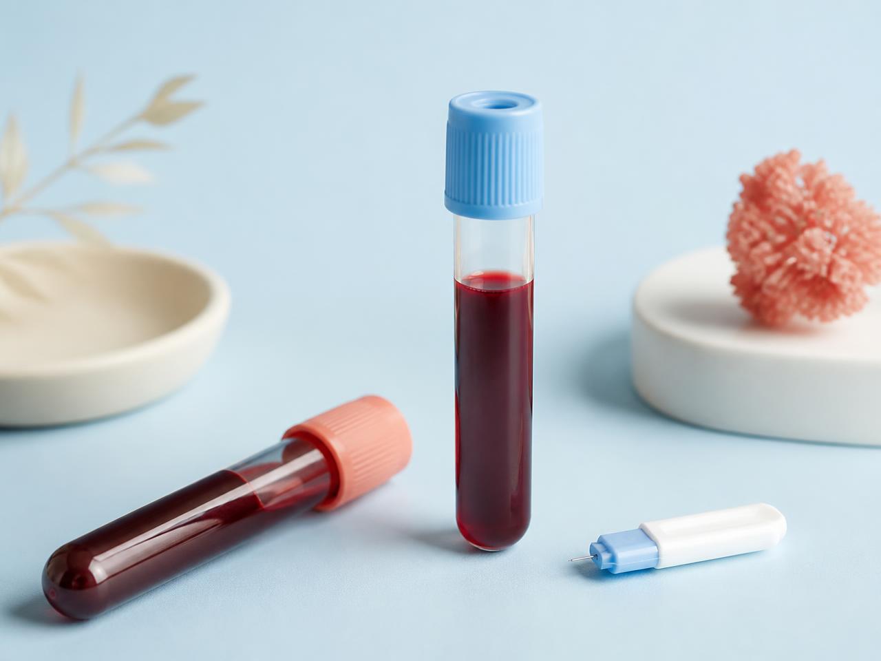 Laboratory sample vials and a lancet on a pale blue background