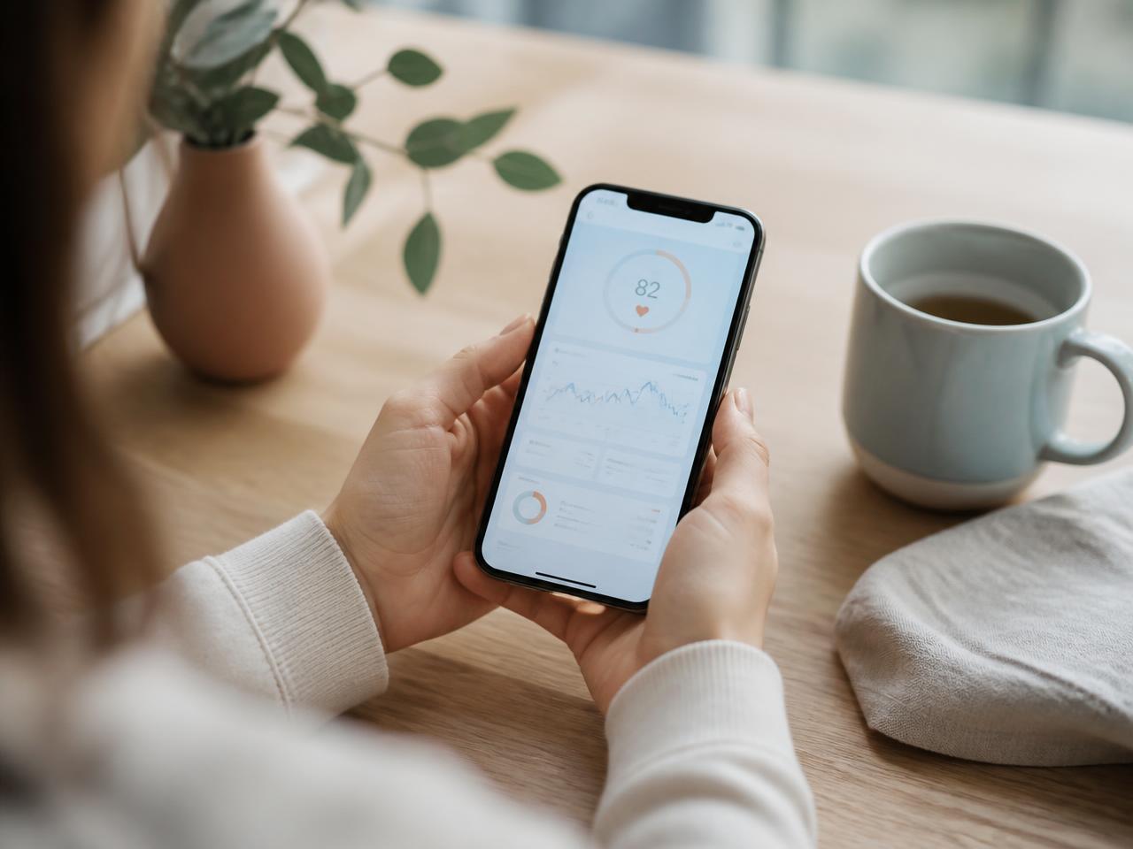 Hands holding a phone showing a health results summary